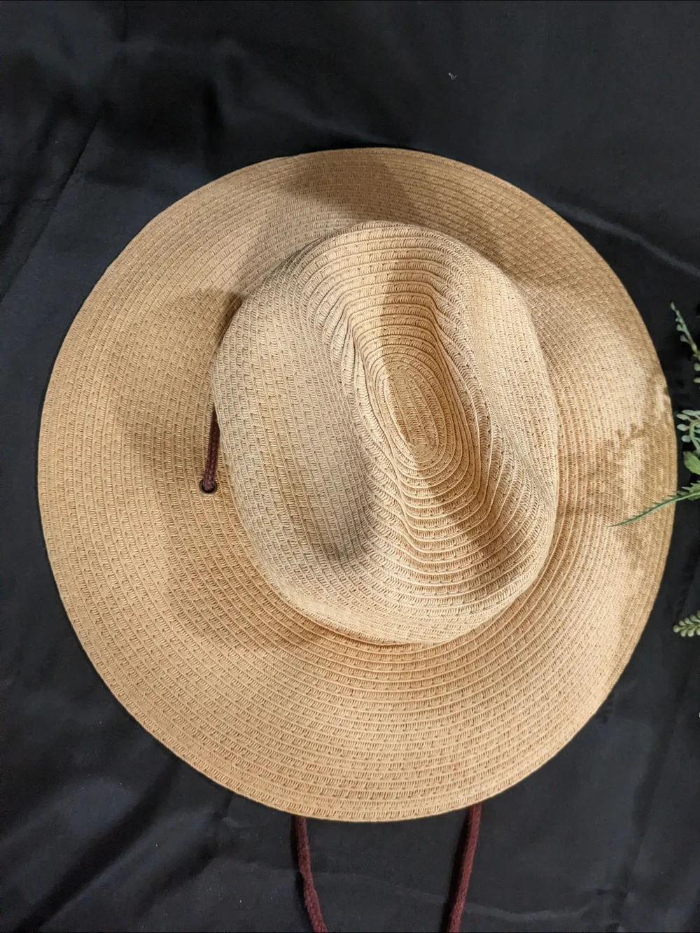 Wide-Brim Tan Straw Fedora with Adjustable Brown Chin Cord